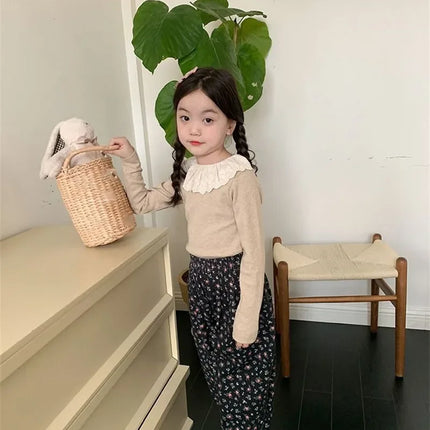 1-12 Years Long-Sleeved Shirts Children's Spring Knitted Tops Baby's Lace 2025 Lace Base Shirt Korean Girls Ruffle Collar T-shirt