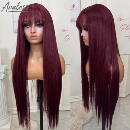99J Burgundy Red Bone Straight Lace Front Wig With Bangs 13x4 HD Pre Plucked Glueless Synthetic pelucas On Clearance Sale