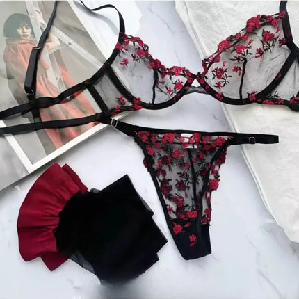 YUQI French Elegant Lingerie Set-Floral Embroidery Semi-Transparent Bra & Brief,Black Sensual Women's Underwear Luxury Intimates