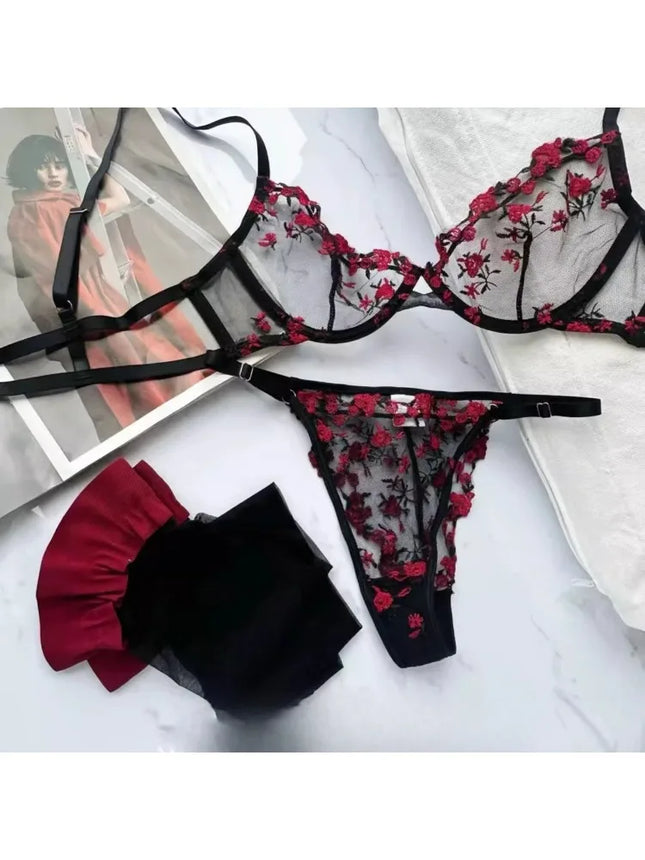 YUQI French Elegant Lingerie Set - Floral Embroidery Semi-Transparent Bra & Brief, Black Sensual Women's Underwear Luxury Intimates