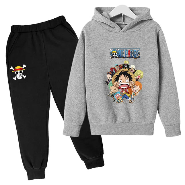 Boys Hoodie and Sweatpants Set for 3-12 Years Japanese Anime One Piece Luffy Zoro Kids Girls Casual Hooded Sweatshirt Tops