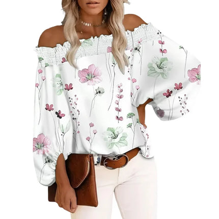Women's Summer Plus Size 1XL-5XL Fashion Floral Print Off Shoulder Blouse Shirt Ladies Casual Long Sleeve Beach Shirt
