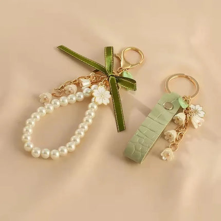 2pcs Lily of The Valley Flower Leather Keychain for Women Korea Fashion Sweet Key Chains Green FairyCore Accessories