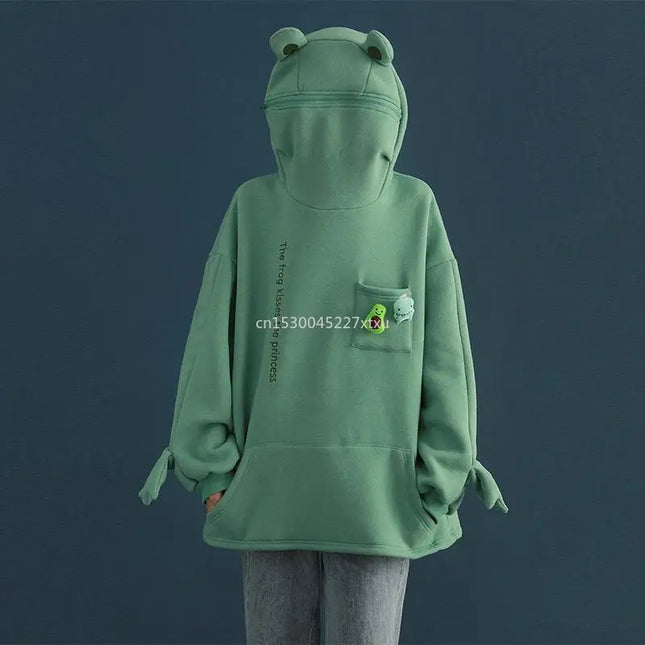 Unisex Frog Zipper Hoodie Fleece Lined Springtime Embroidery oversized Sweatshirt Harajuku Warm Pullover Korean Style Dropship