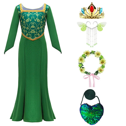 Kids Fiona Green Princess Dress Girls Halloween Carnival Cosplay Long Sleeved Outfits Children Charm Birthday Party Clothing