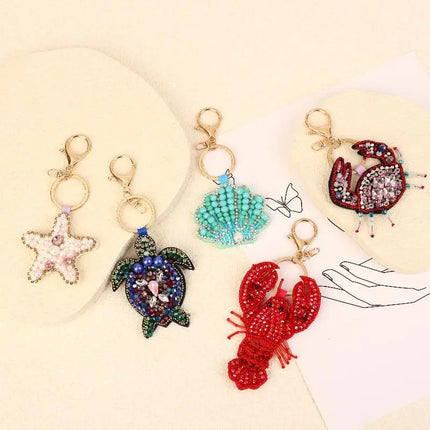 Rhinestone Lobster Beaded Keychain Pretty Hand Sewn Bag Charms Crab Shells Turtle Hanging Rope Patches Applique Bag Lanyard