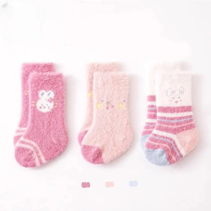 3 Pairs Kids Winter Socks Cute Cartoon Bear Rabbit Thick Plush Warm Middle Tube Socks for Boy Girl Newborn Anti-Cold Sleep Socks