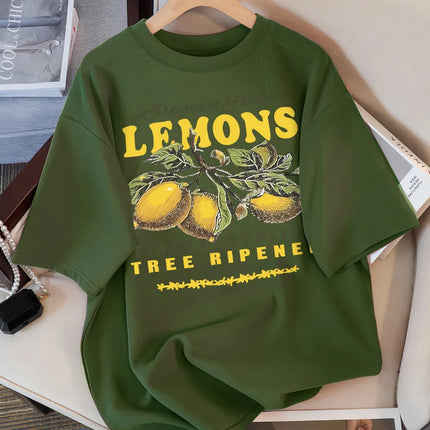 Lemons Fruits Premium Fresh Printing T Shirt Woman Loose Cotton Sportswear O-Neck Casual T Shirts Loose All-Match Short Sleeve