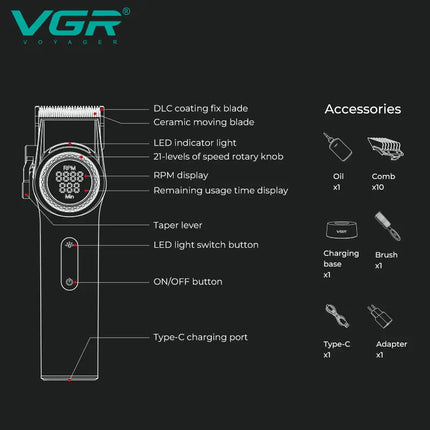 VGR 001 977 New Hair Trimmer Set High-End Men's Hair Clipper Smart Digital Display Electric Trimmer with Engraving and Whitening Functions