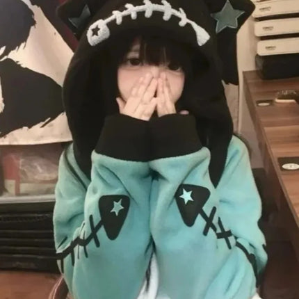 Japanese Kawaii Fish Bone Long Sleeve Detachable Hood Women Zipper Y2k Aesthetic Streetwear Hoodies Harajuku Zipper Sweatshirt