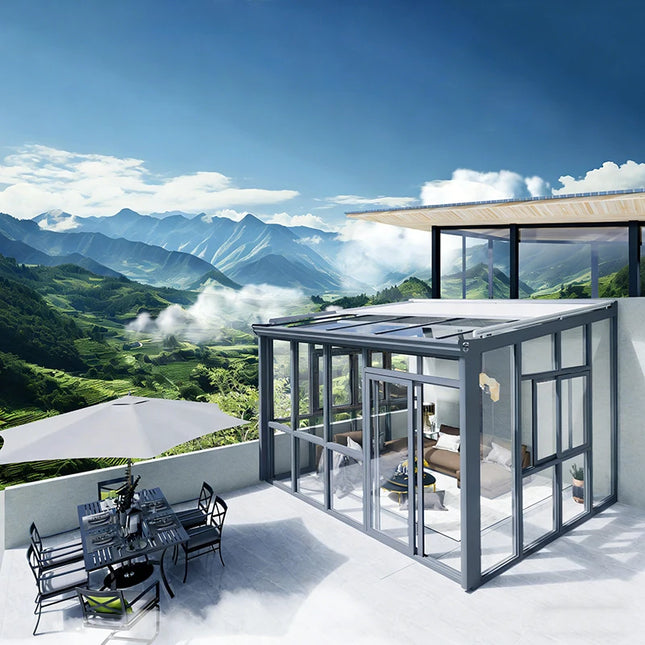 Modern Waterproof Outdoor Aluminum Sunroom With Double Layer Tempered Glass Sloped Roof Suitable For Hotel Villa Garden PatioUse