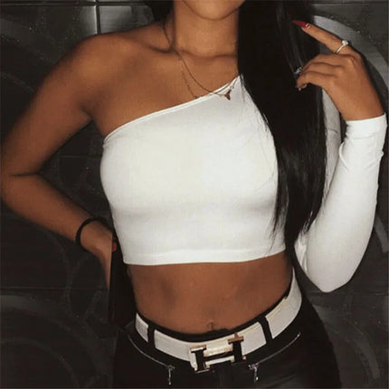 2024 Summer Europe and the United States Sexy Women's Diagonal Shoulder Long Sleeve Crop Slim Comfortable Top