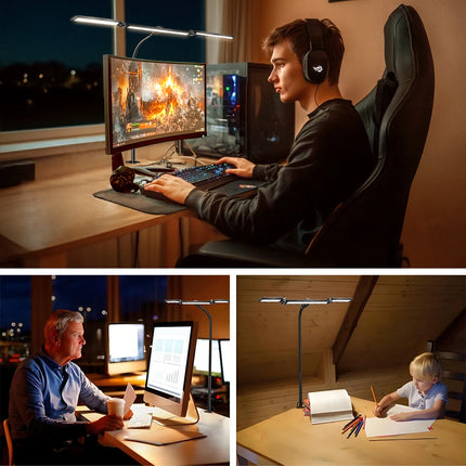2-Headed LED Desk Lamp for Office Home Eye-Caring Architect Lamp with Clamp USB 3 Color Flexible Adjustable Lighting Table Lamp