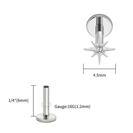 Right Grand ASTM F136 Titanium CZ North Star Flat Back Earring 16G Tiny Starburst Helix Cartilage Stud Earlobe Piercing Jewelry