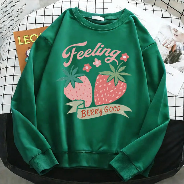 2026 Fashion Strawberry Womens Hoodies Basic Warm Fleece Sweatshirt Soft Y2k O-Neck Pullover Casual Female Clothes