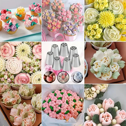 13PCS Russian Piping Tips Set Cake Decorating Kit- 7 Flower Nozzles,EVA Bag & Tools - for DIY Cake Puff Decoration Baking Tools