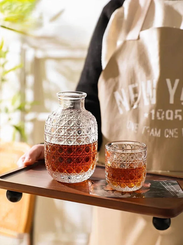 Glass Water Pitcher and Cup Set Vintage Retro Relief Patterns Carafe Tumbler for Bedroom Bedside Home Decor Barware Drinkware
