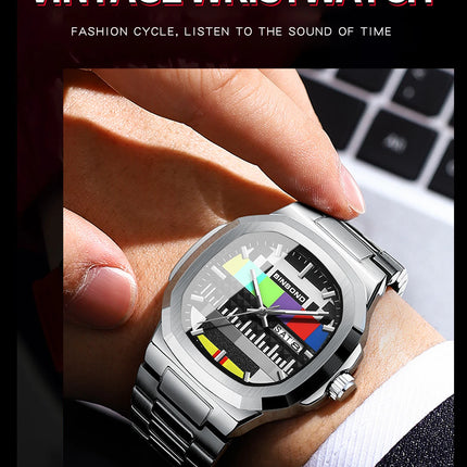 BINBOND Creative TV Dial Men's Watches New Fashion Original Retro Design Luminous Quartz Wristwatch For Man With Calendar Week