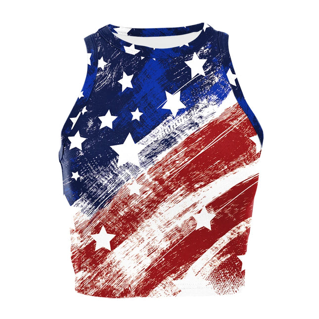 Nadanbao Women's Vest Summer Casual American Flag Tie Dyeing Cropped Tight Sleeveless T Shirt Streetwear Crop Tops Y2K Tees