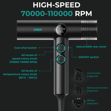 VGR Leafless Hair Dryer Professional Hair Blower Dryer Brushless Motor Dryer 110000RPM Negative Ion Powerful Hair Dryer V-401
