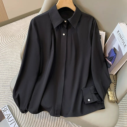2026 Long-sleeved Lapel Plus Size Shirt New Korean Version Loose Temperament Profession Blouse Solid Hidden Button Down Shirts