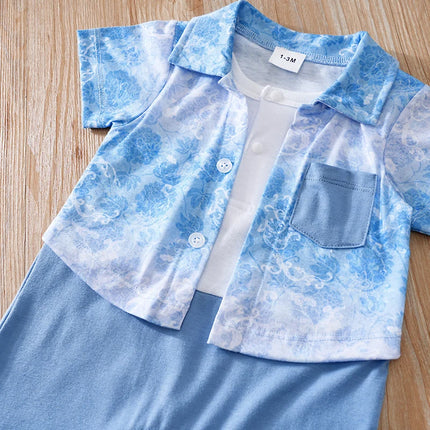 Newborn Clothes Vacation Wave Full Print Shirt Fake Two Comfortable Soft Boys And Girls Summer Short Sleeve Baby Jumpsuit