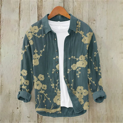 Men's Long Sleeve Shirt Linen Shirt Art Floral Illustration Japanese Retro Casual Comfort Extra Large Size Men's Clothing