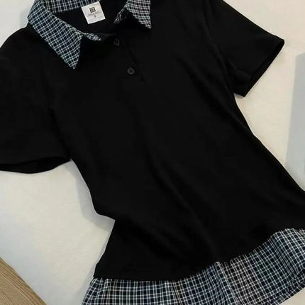 Preppy Style Plaid Splice  Neck Short Sleeve T-Shirt Women Summer Design Unique Fake Two-Piece Shoulder Baring Trendy Top