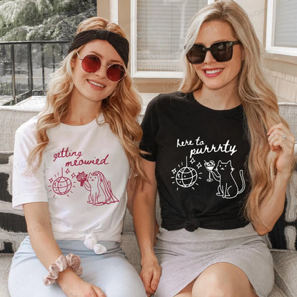 Getting Meowied Bachelorette Shirt Cat Themed Bach Party T-Shirts Cat Lovers Wedding T-Shirts Cat Bridal Girls Party Tee Tops