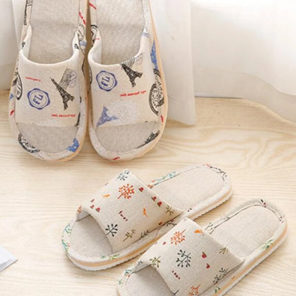 Four Season Linen Home Slippers Women Autumn Indoor Casual Floral Slides Couples House Non-slip Sandals Adults Cartoon Cat Shoes
