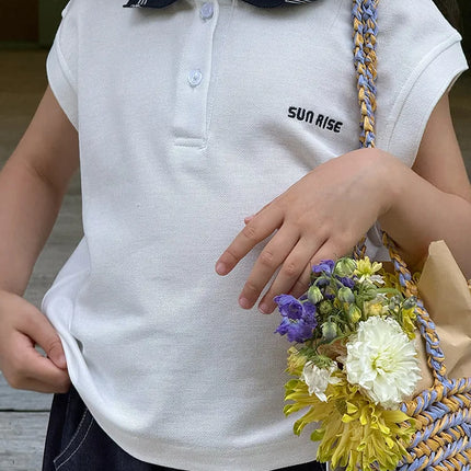 2025 Summer Children's Casual T-shirt Sleeveless Top for Girls and Babies, Color Contrasting Small Collar Polo Tank Top