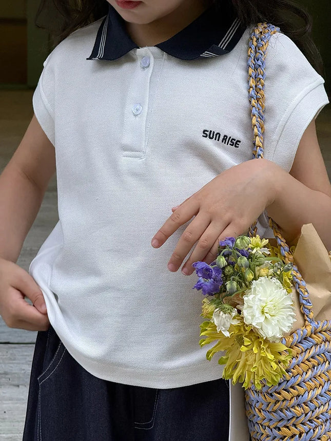2025 Summer Children's Casual T-shirt Sleeveless Top for Girls and Babies, Color Contrasting Small Collar Polo Tank Top