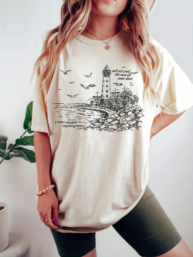 House Graphic & Letter Print T-Shirt Casual Crew Neck Short Sleeve Top For Spring & Summer Women's Clothing