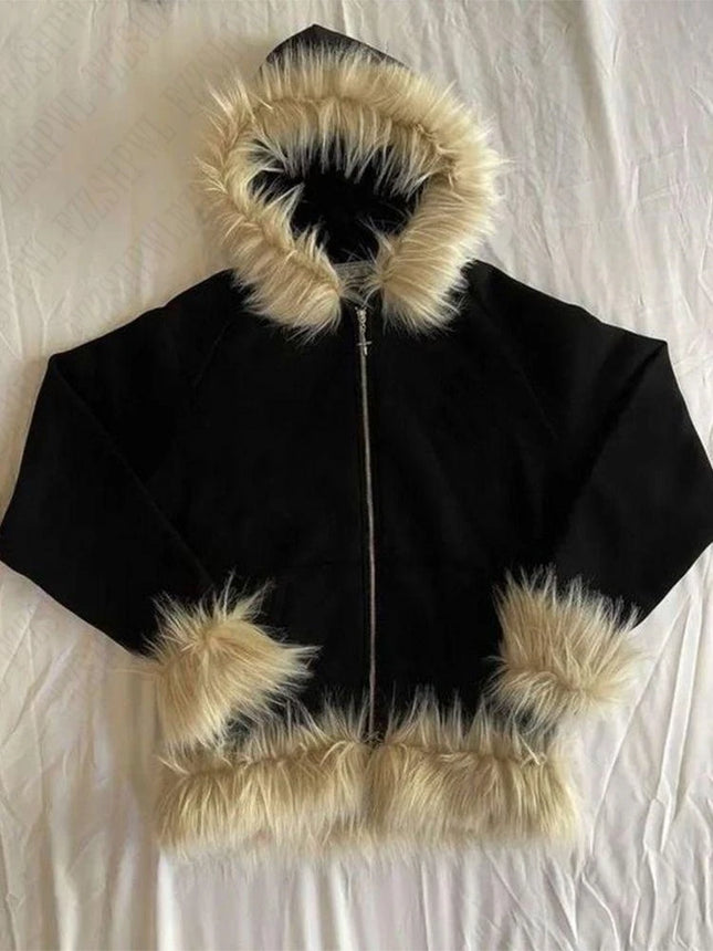 Fashionable Harajuku American retro vintage Millennium Hot Girl y2k white hoodie with a fur collar hooded zipper slim fit jacket