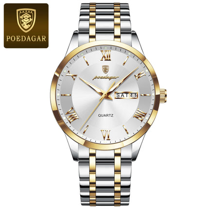 POEDAGAR Luxury Man Clock Waterproof Luminous Week Date Fashion Men's Wristwatch Stainless Steel Business Quartz Watches For Men