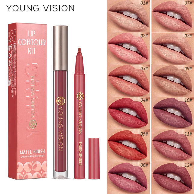 YOUNG VISION Lip Glaze + Lip Liner set liquid Lip Liner Waterproof non-stick cup Moisturizing easy color 12 color lip gloss