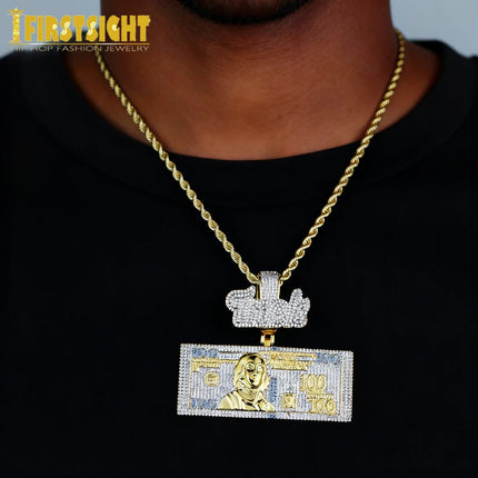 Iced Out Bling Time Is Money Pendant Necklace Silver Color Cubic Zirconia Us Dollar Cash 100 Letter Charm Hip Hop Men Jewelry