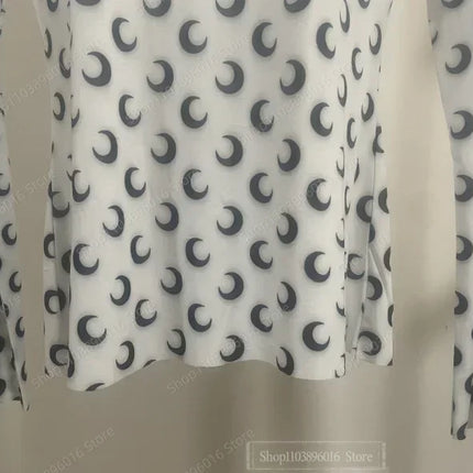 Moon Printed Tshirt Graphic Top for Women Stretchy Slim Korean Fall Spring Long Sleeve Tees Y2k Grunge T-Shirt 2000s Clothes