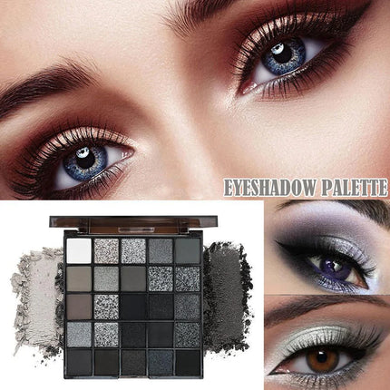 25 Colors Black Grey Smokey Eyeshadow Palette, Matte Black White Gray Silver Smoky Eye Shadow, Black Eyeshadow Makeup Goth Look