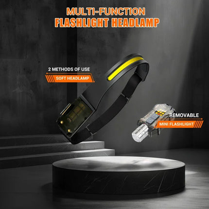 Portable XPE+COB LED Handheld Flashlight Sensor Headlamp Rechargeable Headlight Camping Search Light for Fishing 9Lighting Modes