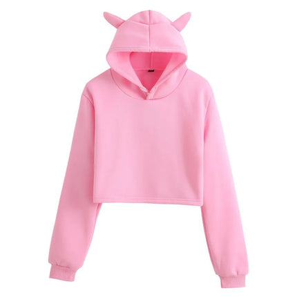Cropped Short Belly Hoodie Pullover Cat Ear Cute Hooded Sweatshirt Solid Spring Casual Crop Top Coat For Women