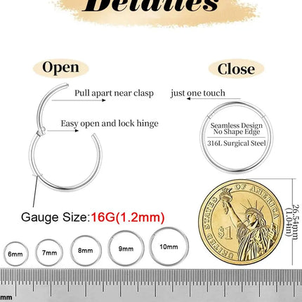 Men Women 316L Surgical Steel Hinged Nose Rings Hoop for Nostril Septum Cartilage Helix Daith Tragus Rook Conch Lip Ear Lobe