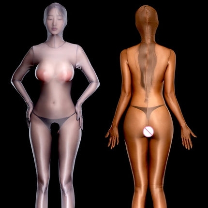 Sexy Oil Shiny Full Body Zentai Bodysuits Women See Through Open Crotch Jumpsuits Erotic Leotard Elastic Tights Cocoons Catsuits