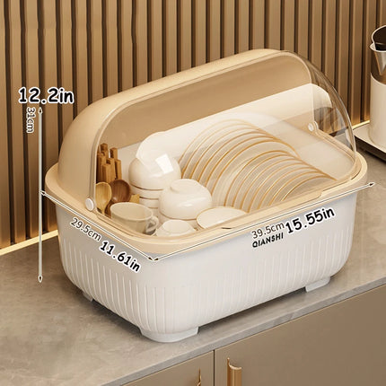 Dish Rack with Protective Cover - Space-Saving, Dust-Proof Kitchen Storage Cabinet with Chopstick Holder, Multifunctional Utensil Organizer with Drainage Board, Drainage Function, Suitable for Countertops and Cabinets, Dish R
