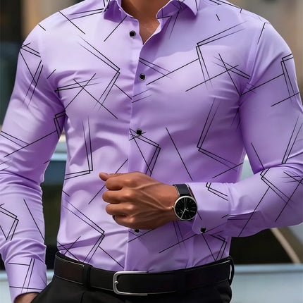 Men's trendy geometric line print long-sleeved shirt Business casual fashion design slim fit non-iron versatile ins style shirt