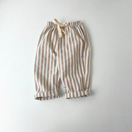 Children's Clothing Vintage Linen Cotton Stripe Pants Baby Boy Girl Casual Shorts Spring Summer Girls Loose Trousers and Shorts
