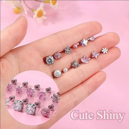Hypoallergenic Spiral Earrings for Ladies Surgery Steel Cute Heart CZ Flowers Pearl Ball Small Stud Earrings for Girls