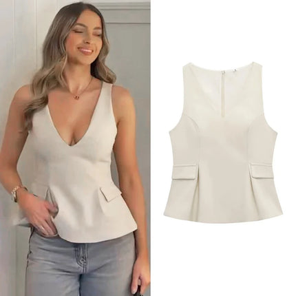 HXAO Women's Spring Elegant Vest Tops 2025 Summer Y2k Tank Tops Ladies Fashion Casual Sleeveless Office Beige Tops For Female