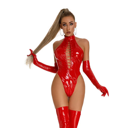 New Women Sexy Lace up Lingerie Bodysuit Patent Leather Mock Neck Body Suit Glossy Zipper Catsuit for Club Pole Dancing Full Set