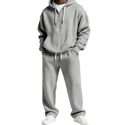 Autumn and Winter Waffle Hooded Sweatshirt Sweatpants Set 3D Printed Casual Sports Suit Men